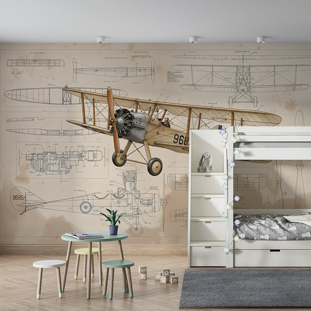 Kids-Mundo vintage biplane mural installed in a children's bedroom, made-to-measure aviation wallpaper.