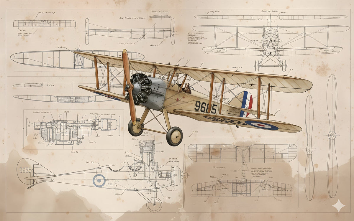 Vintage Biplane and Technical Sketches Wall Mural