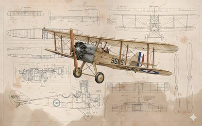 Kids-Mundo biplane artwork showing a vintage aircraft surrounded by detailed sepia technical sketches.