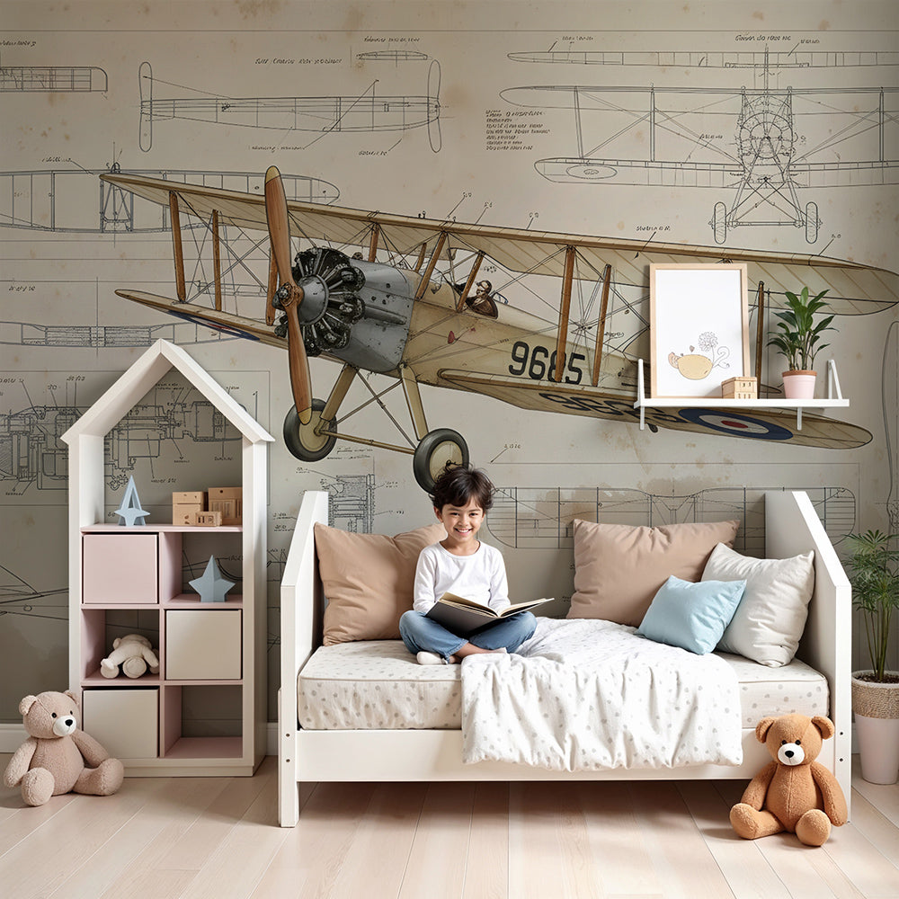 Kids-Mundo vintage biplane wall mural in a calm nursery, made-to-measure sepia aviation wallpaper behind a cot.