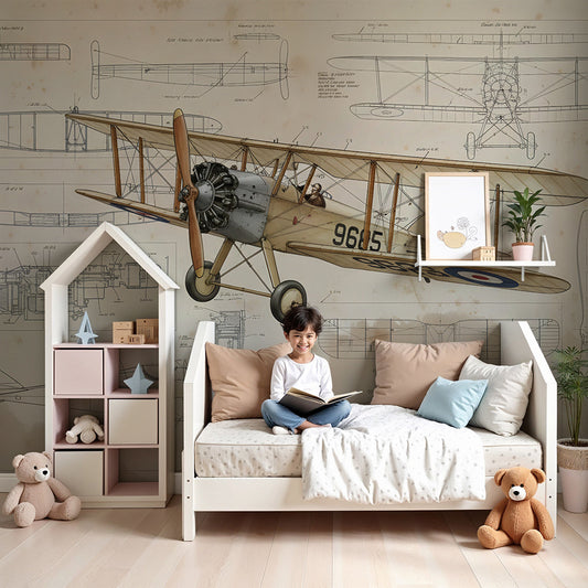Kids-Mundo vintage biplane wall mural in a calm nursery, made-to-measure sepia aviation wallpaper behind a cot.