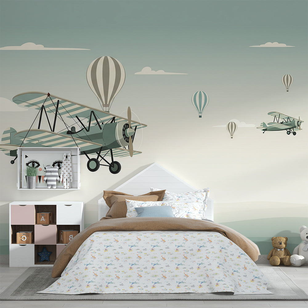 Kids-Mundo biplane and balloon sky wall mural styled on a kids bedroom feature wall