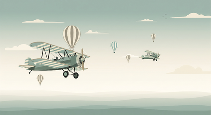 Kids-Mundo flat artwork of the vintage biplane and hot air balloon sky wall mural