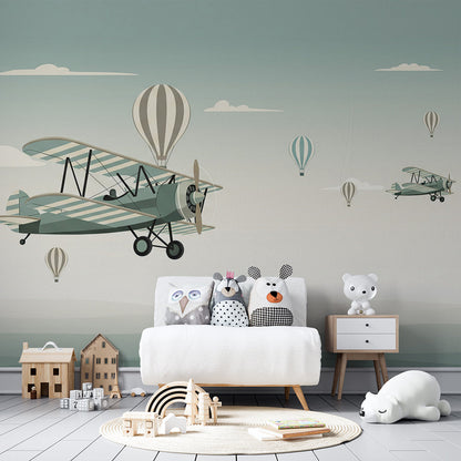 Kids-Mundo airplane wall mural brightening a playroom accent wall with balloons