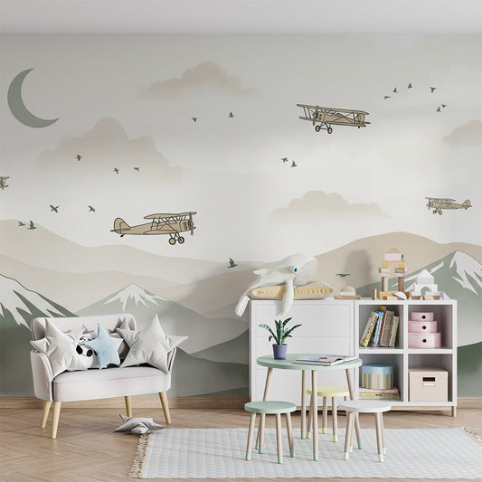 Kids-Mundo biplanes and mountains wall mural as a feature wall in a kids bedroom