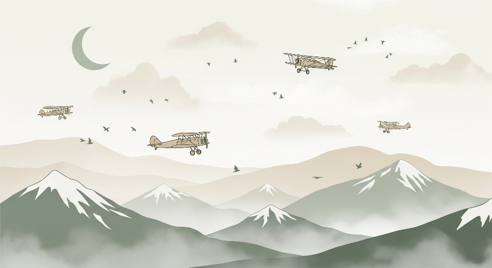 Vintage Biplanes Over Mountains Wall Mural