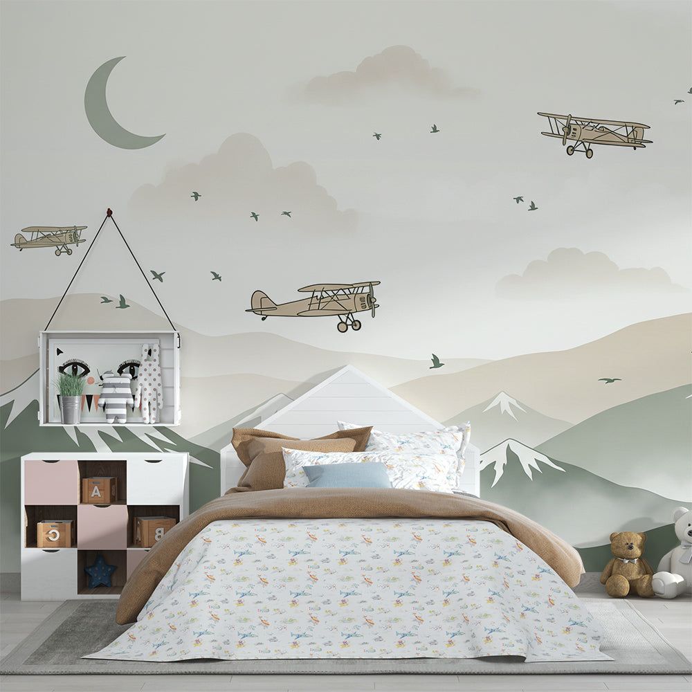 Kids-Mundo vintage aeroplane wall mural bringing playful adventure to a children's playroom
