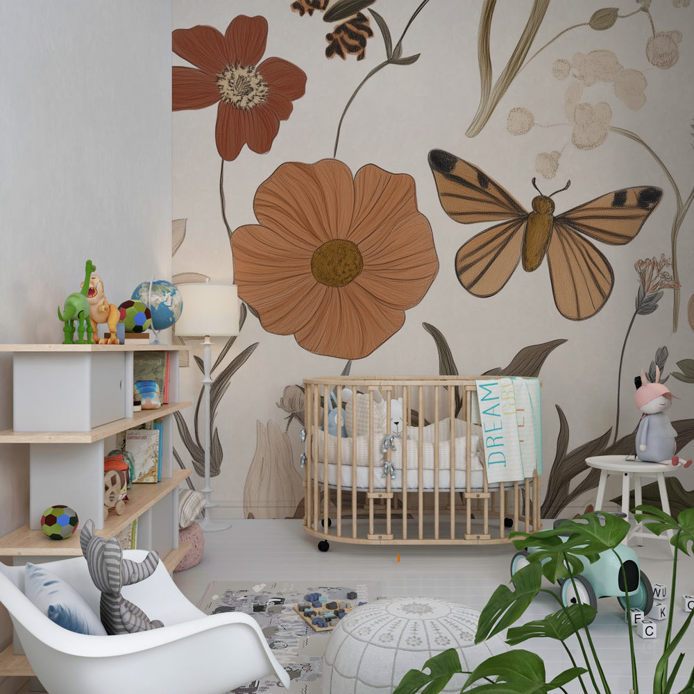 Floral butterfly wall mural by Kids-Mundo behind a bed in a child's bedroom