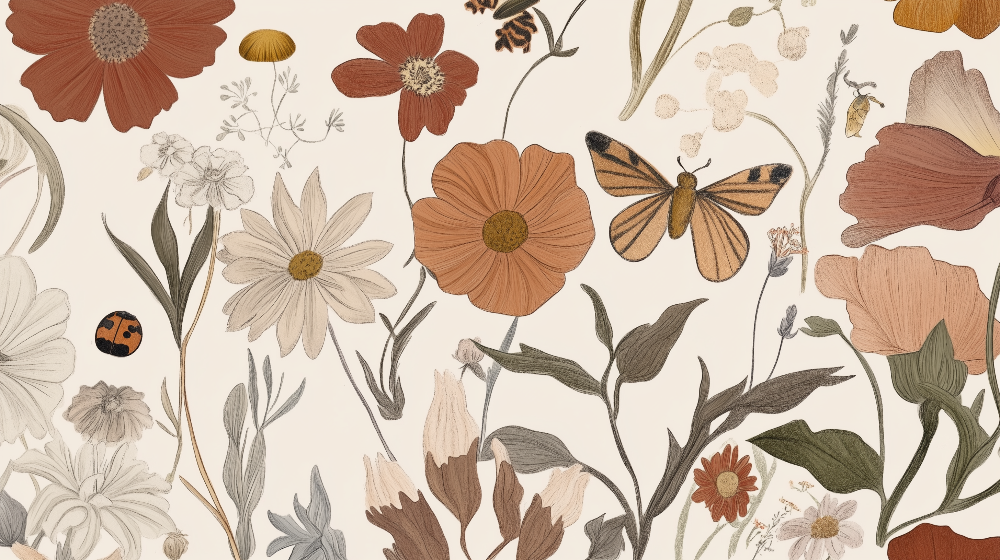 Vintage Botanical Flowers and Butterfly Wall Mural