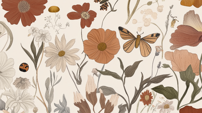 Flat artwork of the Kids-Mundo vintage botanical flowers and butterfly mural design