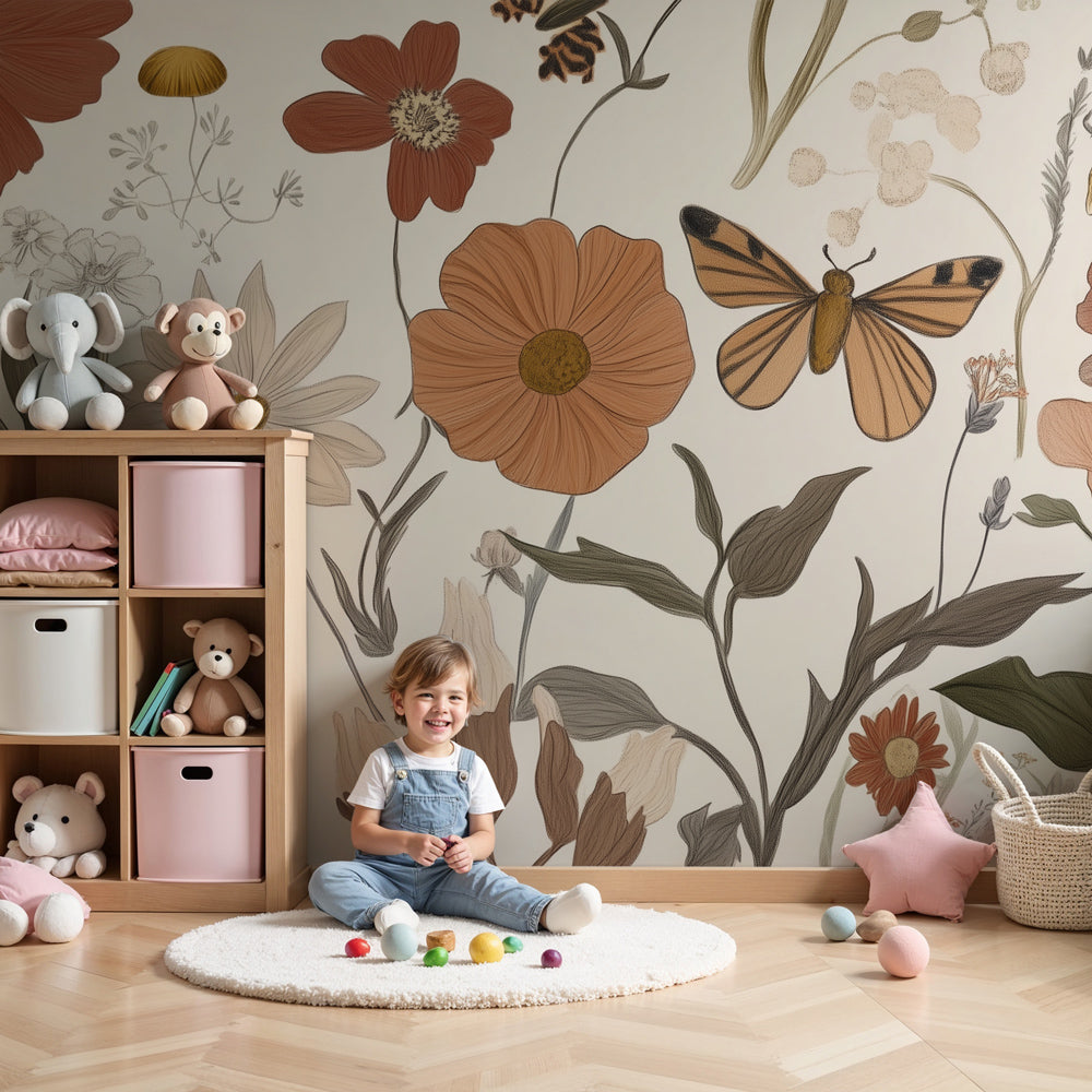 Kids-Mundo vintage botanical wall mural with flowers and butterfly on a nursery wall