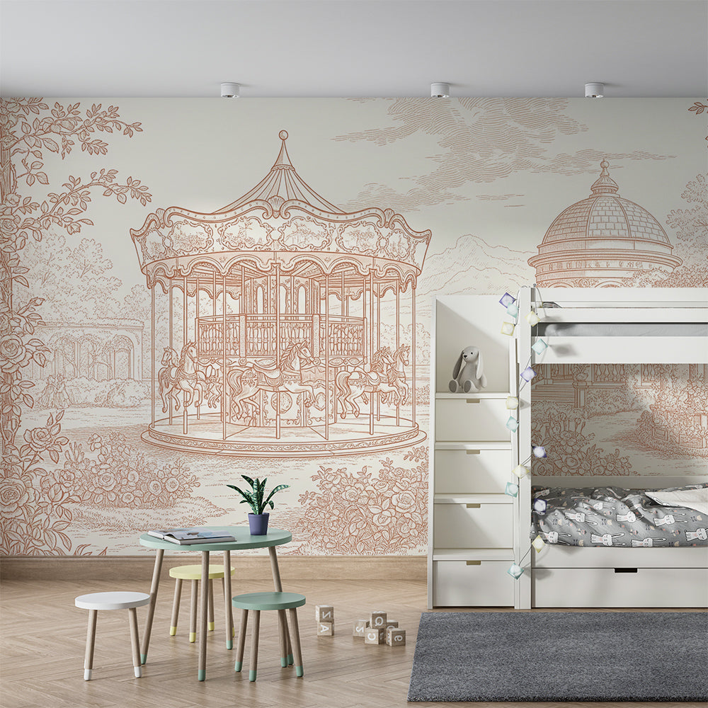 Kids-Mundo carousel wall mural covering a feature wall in a kids bedroom