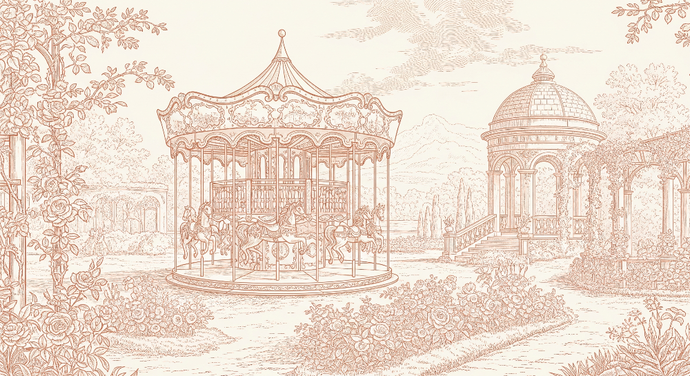 Kids-Mundo flat artwork of a sepia line-drawn carousel in a rose garden