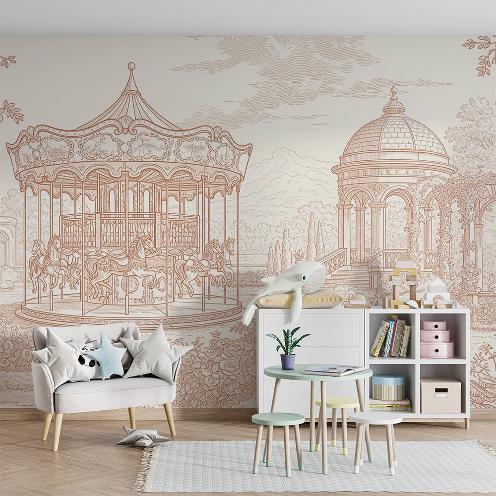 Kids-Mundo vintage carousel mural styled behind a reading tent in a playroom