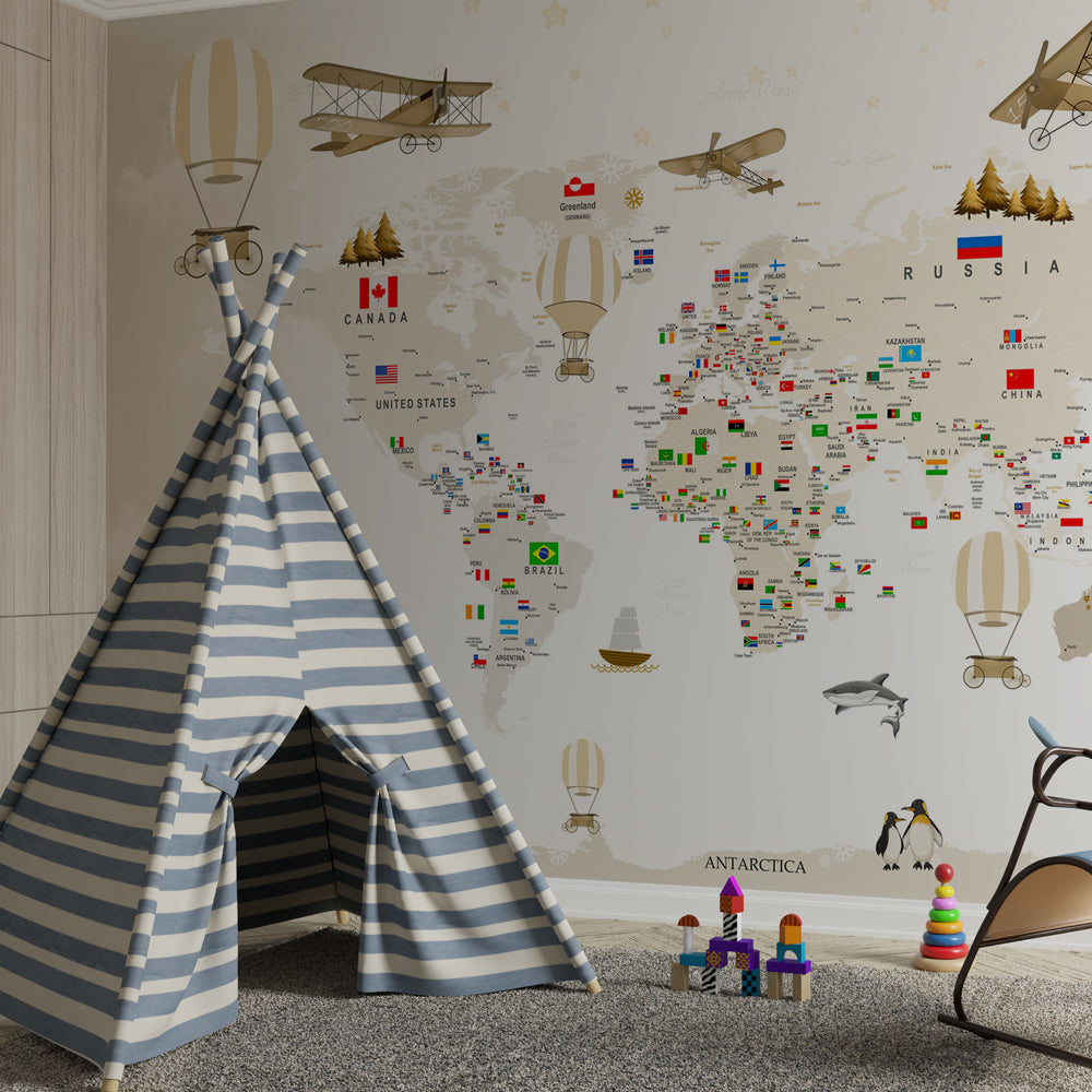 Kids-Mundo flags world map mural covering a kids bedroom wall with hot air balloons and biplanes