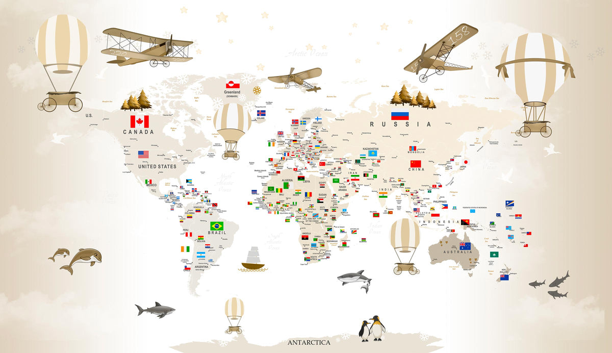 Vintage Travel World Map with Flags Wall Mural