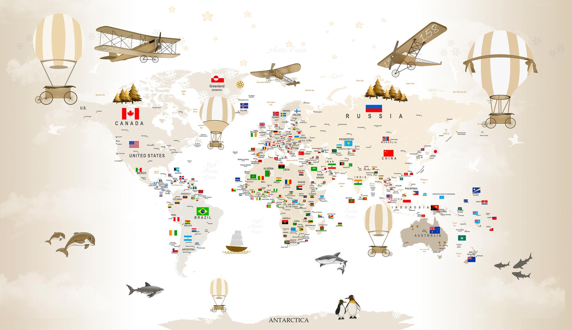 Flat artwork of the Kids-Mundo vintage world map design with country flags, hot air balloons and biplanes