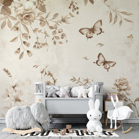 Soft beige floral wallpaper creating peaceful baby bedroom atmosphere with butterfly accents