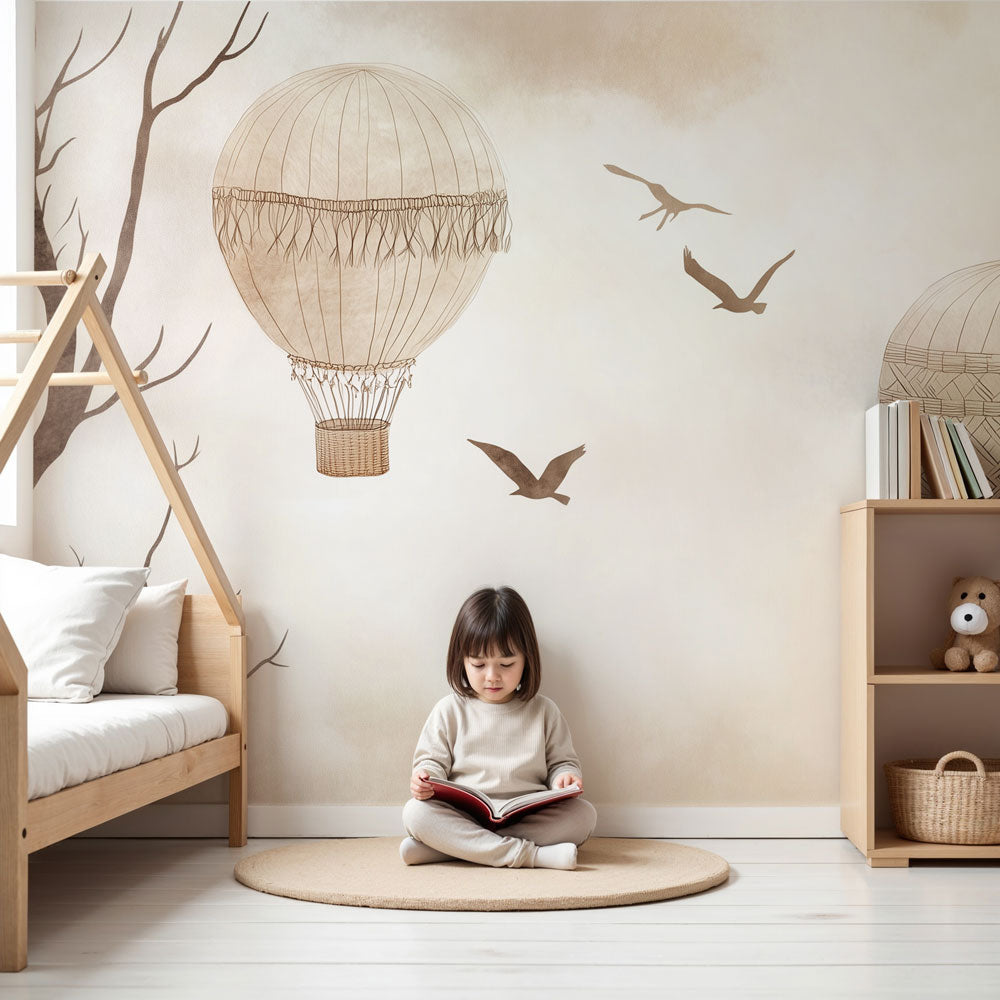 Kids-Mundo vintage hot air balloon wall mural styled in a neutral sepia-toned nursery.