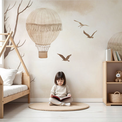 Kids-Mundo vintage hot air balloon wall mural styled in a neutral sepia-toned nursery.