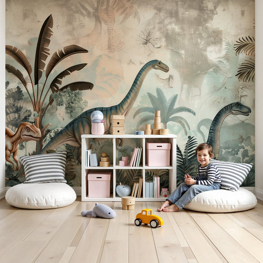 Kids-Mundo vintage jungle dinosaur wall mural with banana leaves in a bold nursery