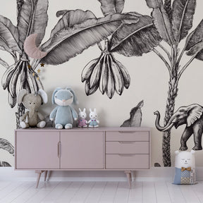 Black and white elephant jungle wallpaper creating sophisticated kids bedroom decor