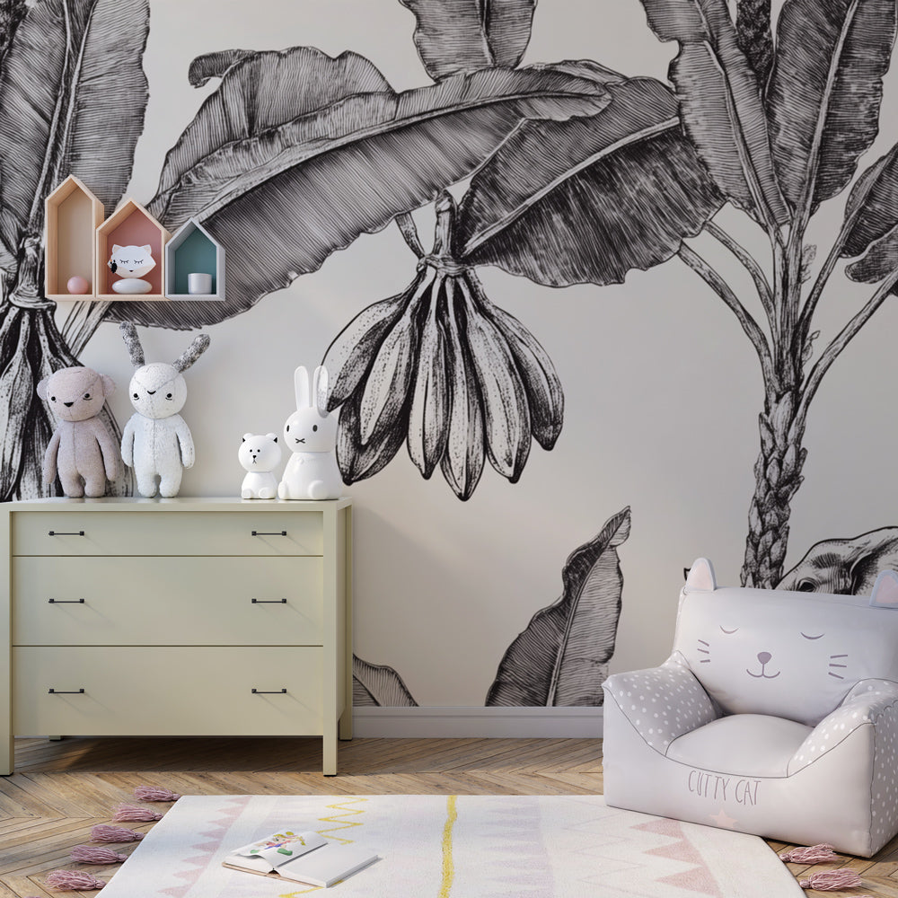 Botanical jungle mural wallpaper with banana trees in modern children's room by Kids-Mundo