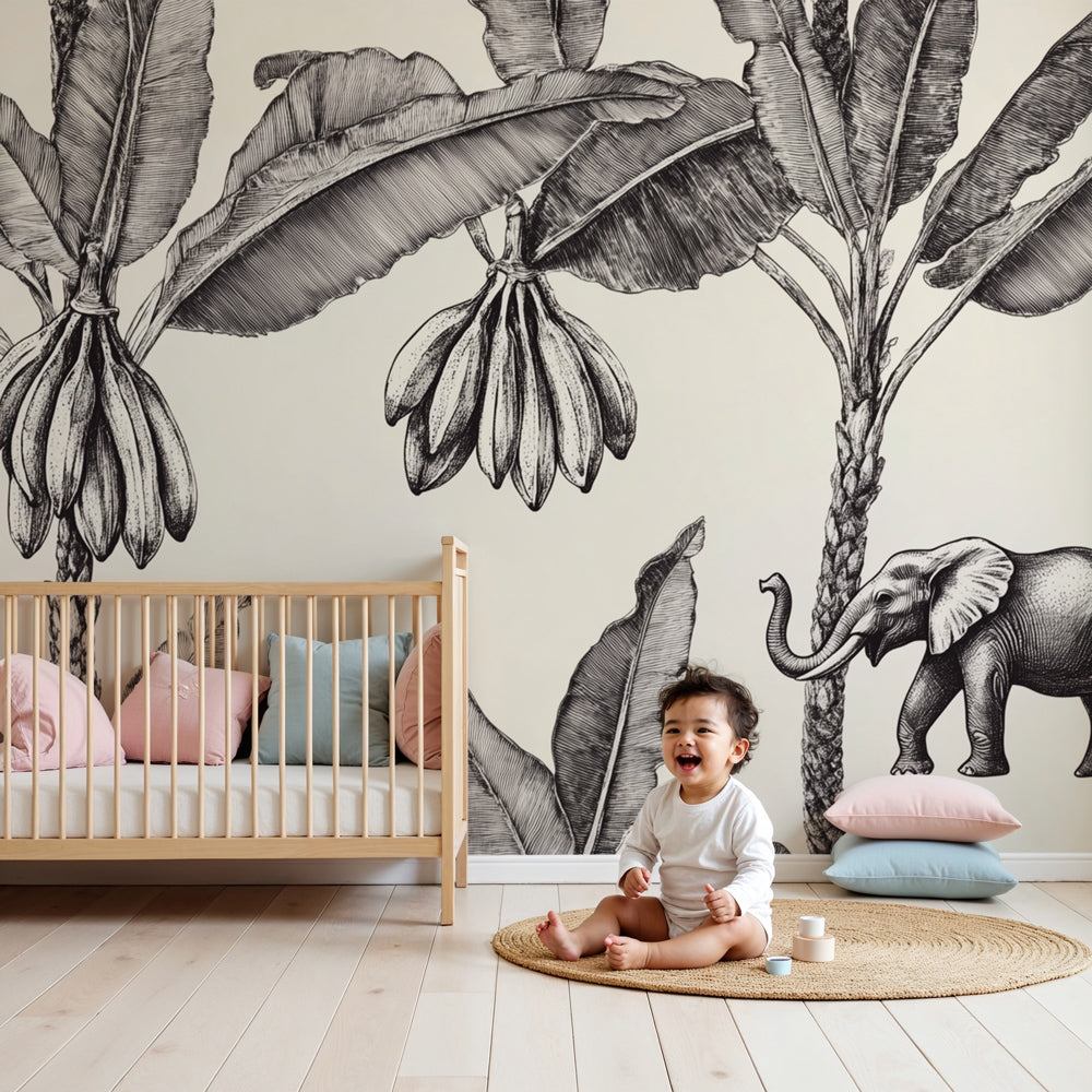 Vintage jungle mural wallpaper with elephants in elegant nursery setting by Kids-Mundo