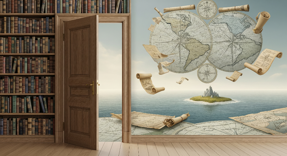 Kids-Mundo flat artwork preview of the vintage map doorway and ocean island wall mural design.