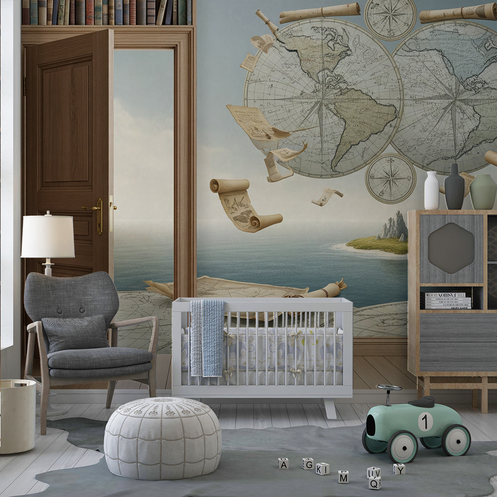 Kids-Mundo vintage map and desert island wall mural covering a wall in a children's playroom.