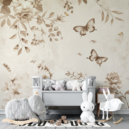 Kids-Mundo vintage floral and butterfly wall mural covering a feature wall in a child's bedroom.