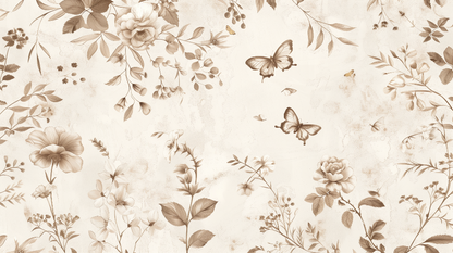 Kids-Mundo vintage sepia floral and butterfly wall mural design shown as flat artwork detail.