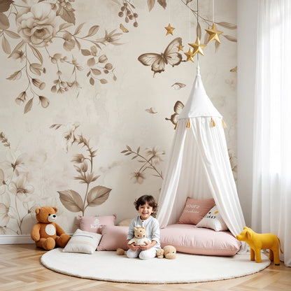 Kids-Mundo vintage sepia rose and butterfly wall mural installed behind a cot in a soft neutral nursery.