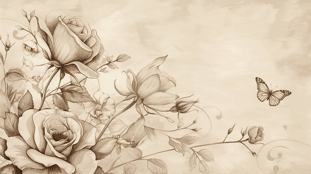 Detailed vintage roses and butterflies mural wallpaper design pattern by Kids-Mundo