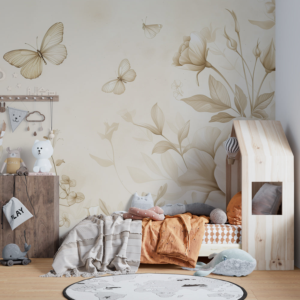 Kids-Mundo sepia floral wall mural in a girl's bedroom with roses and butterflies.