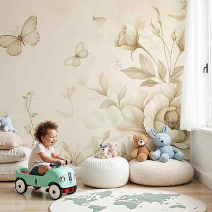 Kids-Mundo vintage sepia floral wall mural styled in a soft, delicate baby nursery.