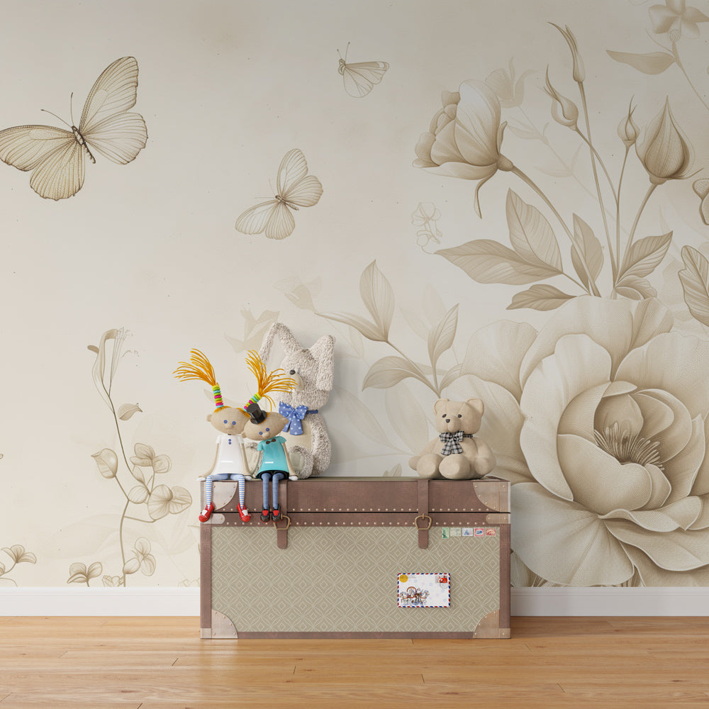 Kids-Mundo vintage floral mural bringing gentle botanical charm to a playroom wall.