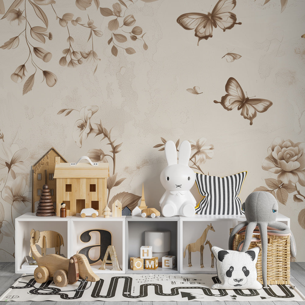 Vintage floral wall mural with butterflies in a playroom, Kids-Mundo wallpaper