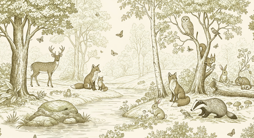 Vintage Sketch Woodland Animals by the Stream Wall Mural