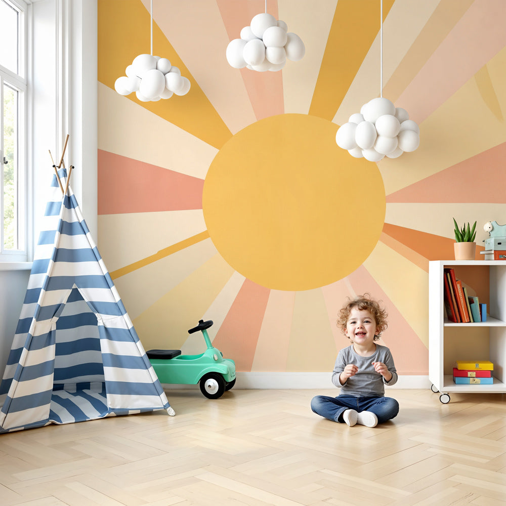 Vintage sun mural wallpaper in cozy nursery with soft retro colors by Kids-Mundo