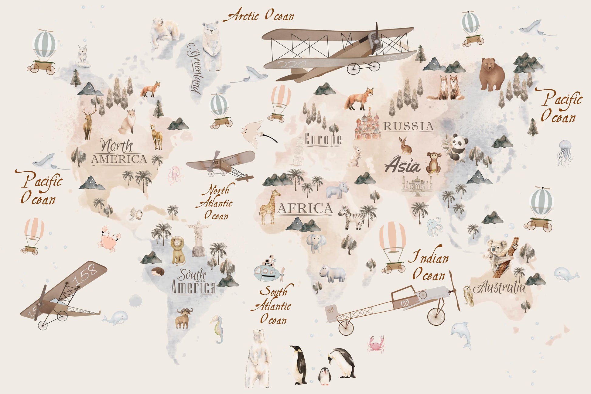 Kids-Mundo vintage world map wall mural flat artwork with animals and vintage biplanes