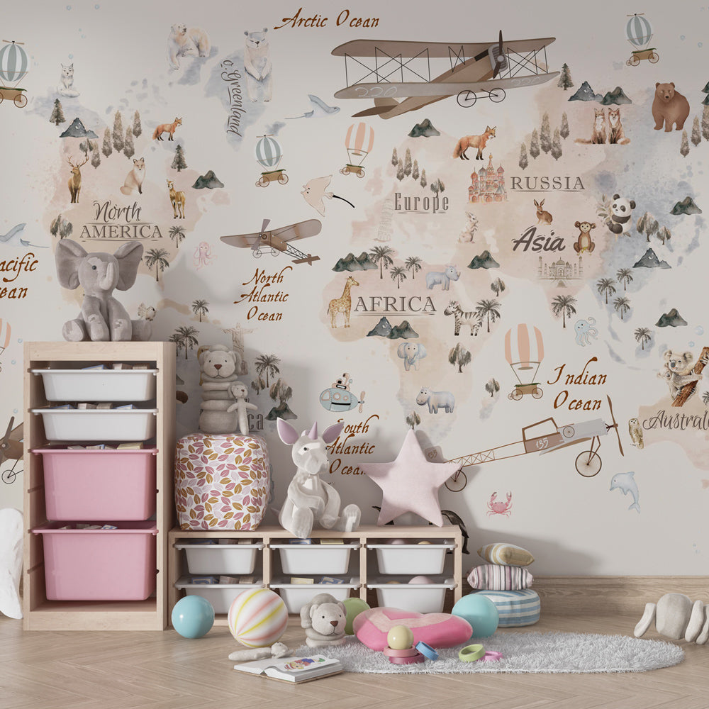 Kids-Mundo vintage world map mural bringing animals and adventure to a kids' playroom