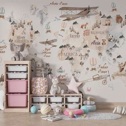 Kids-Mundo vintage world map mural bringing animals and adventure to a kids' playroom