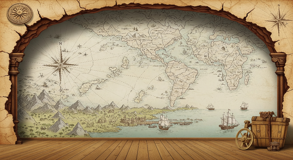 Vintage World Map Stone Archway Wall Mural