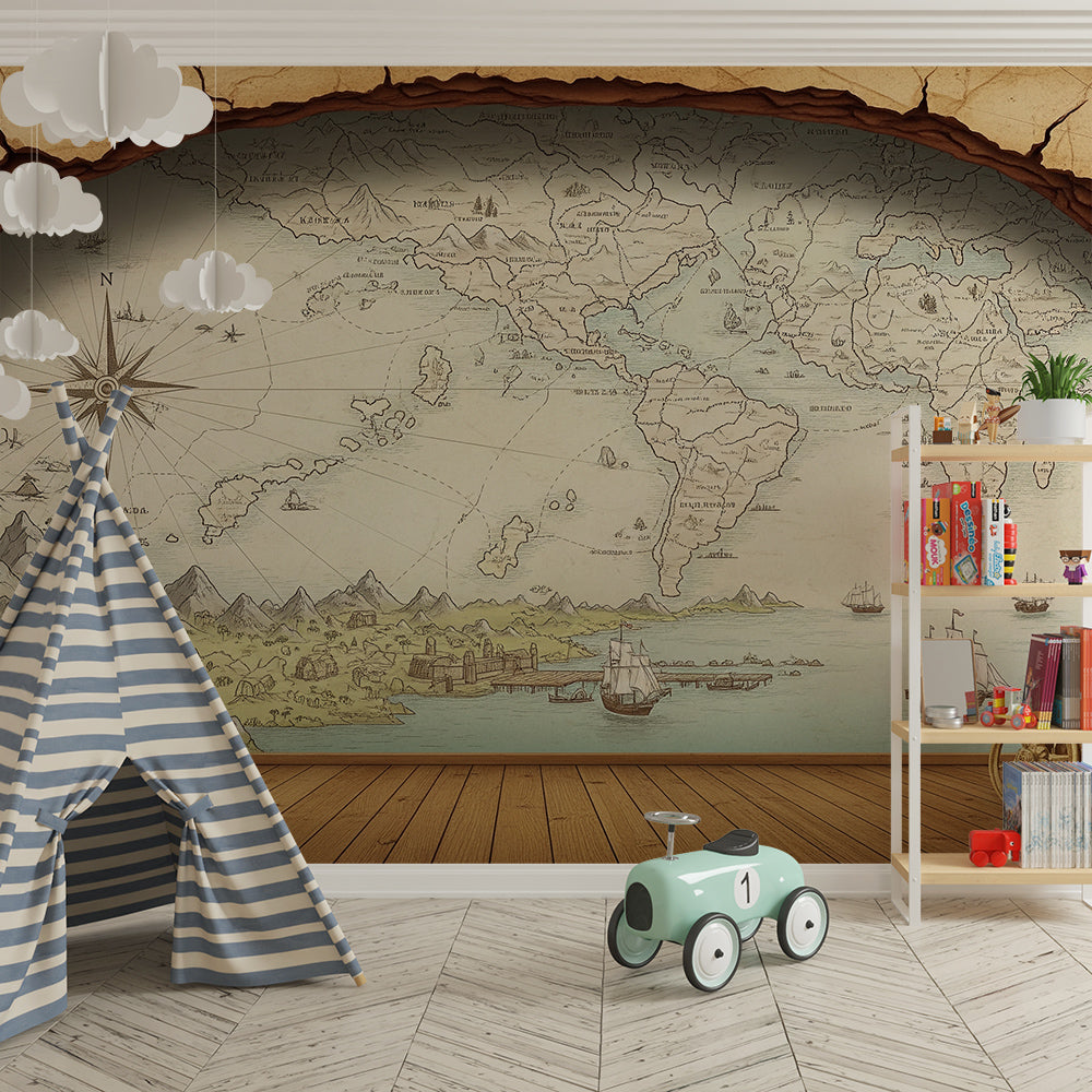 Kids-Mundo vintage world map wall mural covering a feature wall in a playroom.
