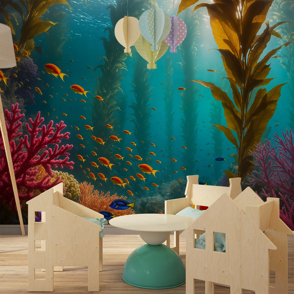 Kids-Mundo coral reef wall mural filling a playroom wall with darting orange fish