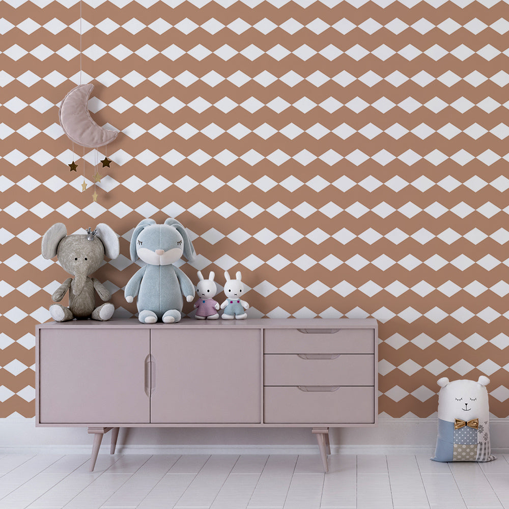 Kids-Mundo caramel diamond mural covering a playroom wall beside a toy shelf