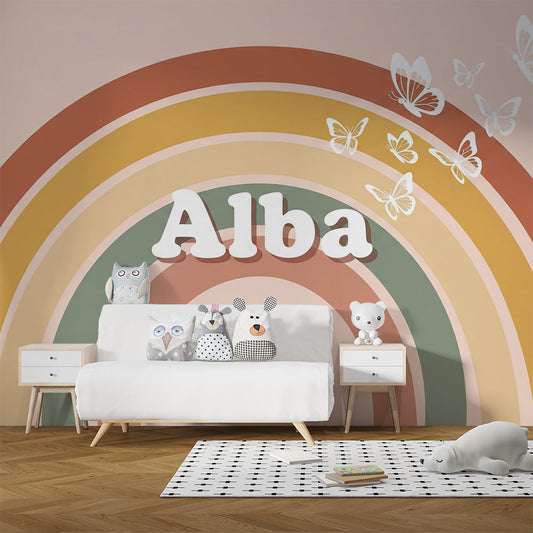 Kids-Mundo rainbow and butterfly wall mural bringing warm colour to a girl's bedroom wall.