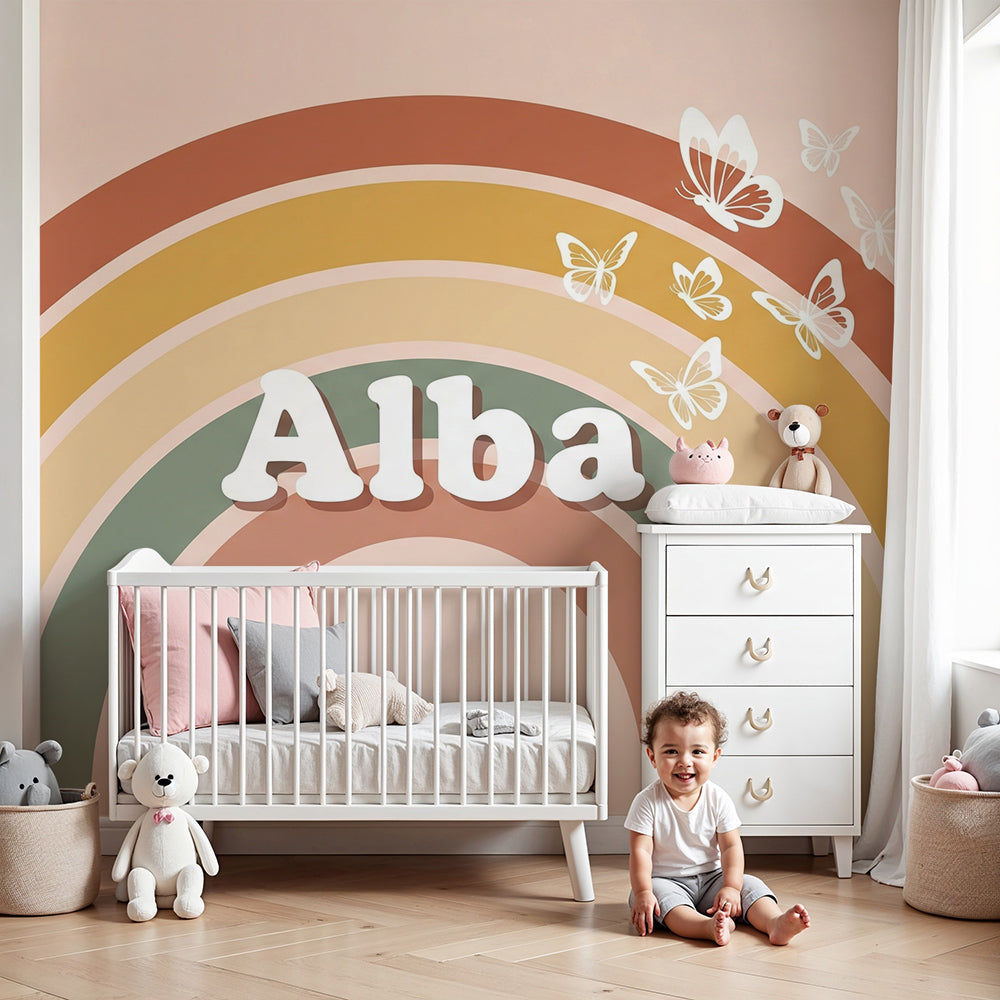 Kids-Mundo rainbow and butterfly wall mural styled in a warm, soft-toned nursery room.