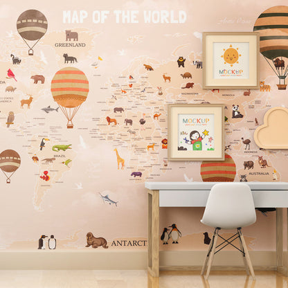 Kids-Mundo world map wall mural on a kids' bedroom wall, terracotta and green balloons among wild animals.